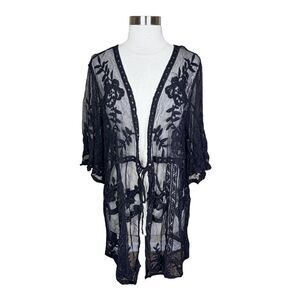 Hayden Los Angeles Black Floral Lace Kimono Duster - One Size